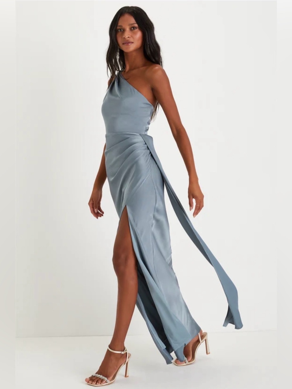 NWT Lulu's One-Shoulder Slate Blue Satin Gown with Slit XL - Picture 3 of 12